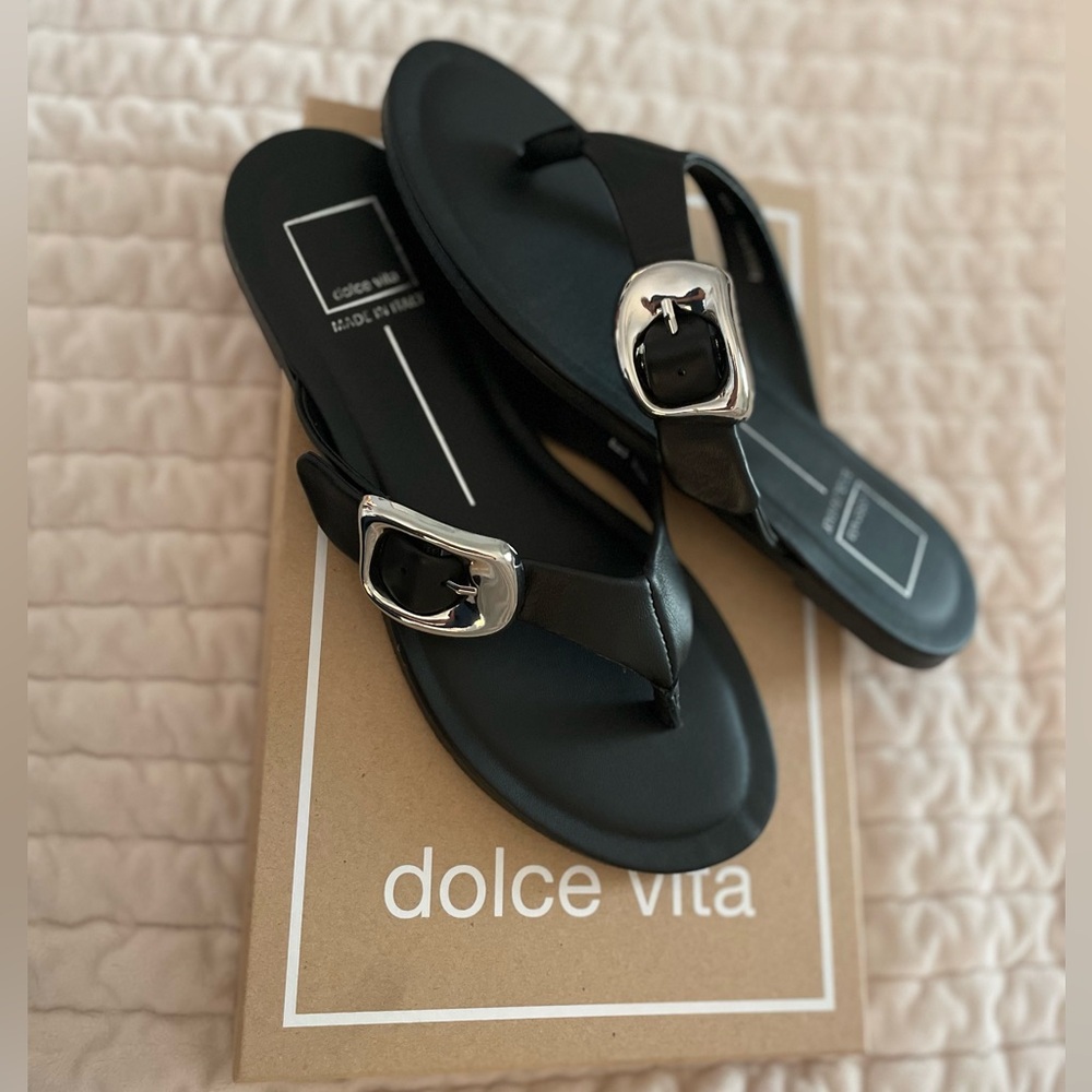 Dolce Vita Rossa Leather Black Sandals Slides NEW in Original Box